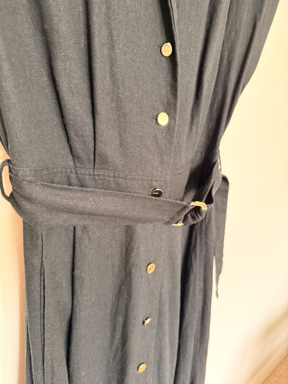 Zara Black Button-Front Belted Linen Maxi Dress with Gold Buttons - Size S - Picture 8 of 14